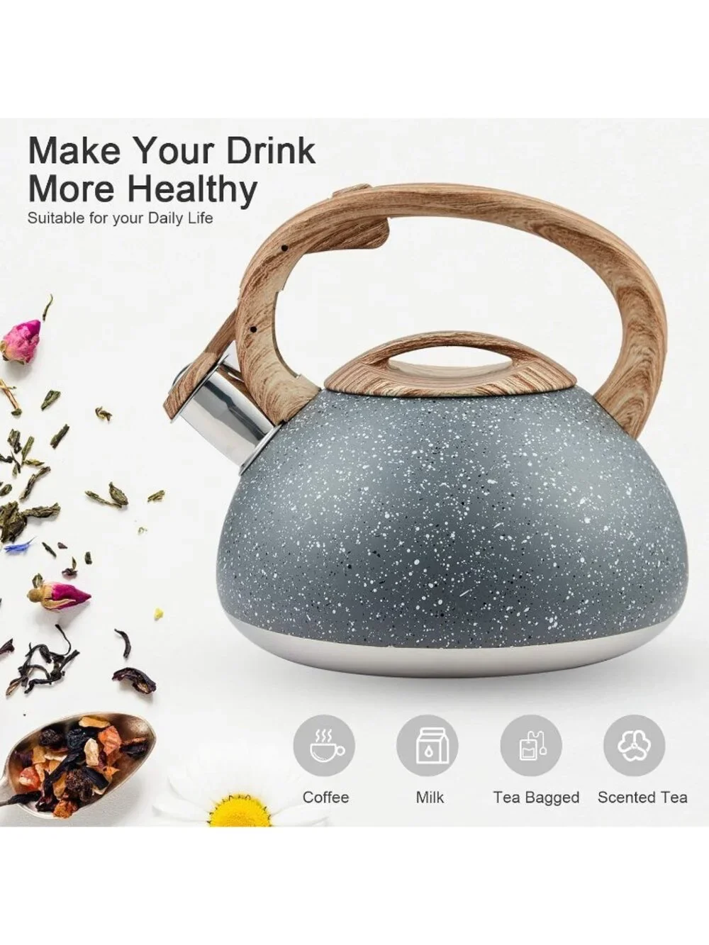 Gray Kitchen Whistling Tea Kettle 2.2 Quart Stainless Steel Stovetop Induction